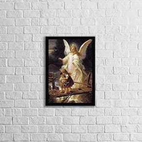 Quadro Anjo Da Guarda Vintage 45X34 Com Vidro Preta