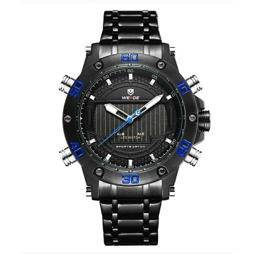 Relógio masculino weide digital analógico led preto azul multifunção 6910 inox