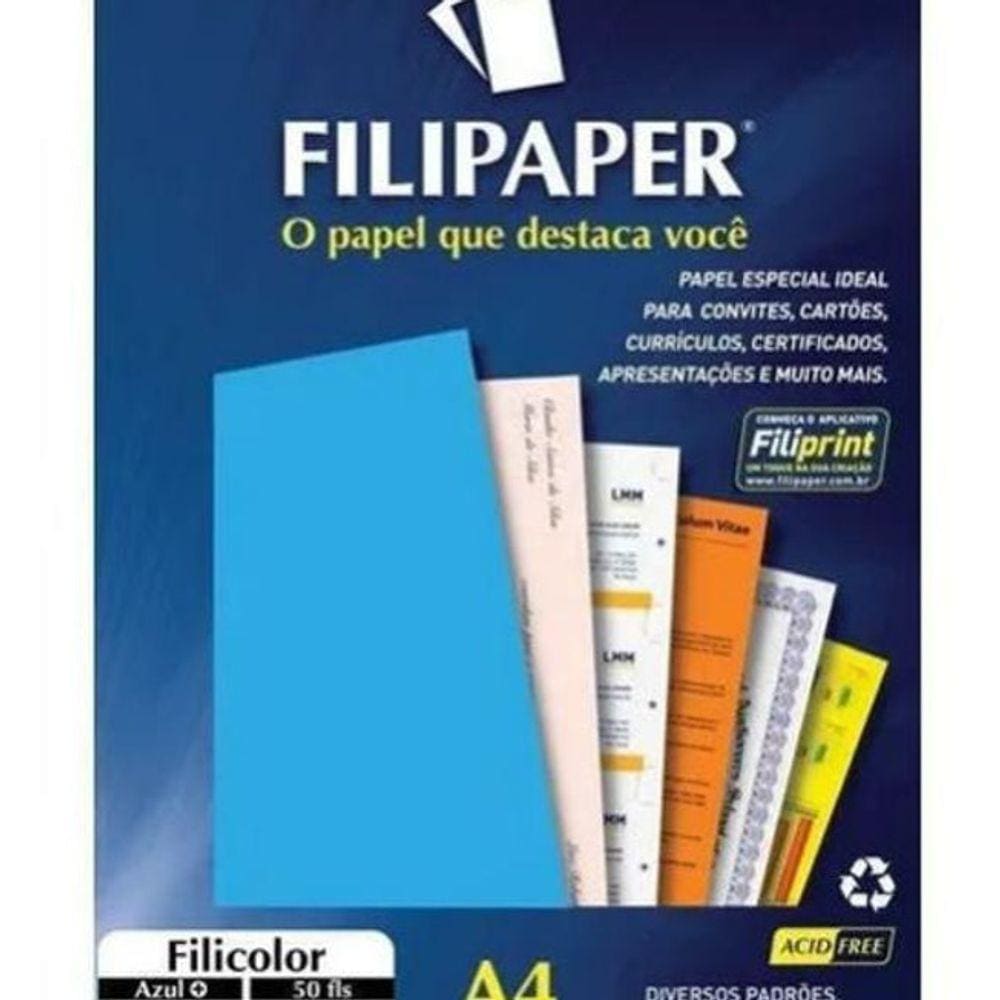 Papel A4 Color Filicolor Azul 180G  Pacote Com 50 Filipaper