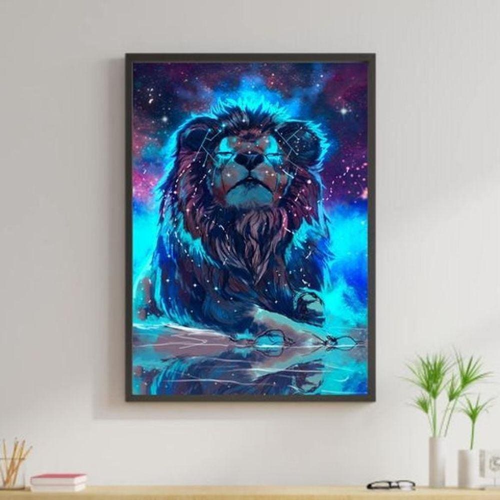 Quadro Leão Galáxia 45X34Cm Com Vidro Moldura Preta