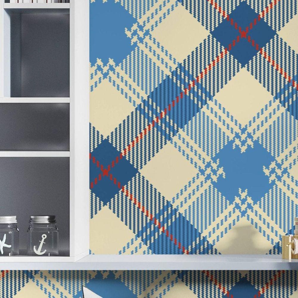 papel de parede xadrez azul - Branco Casa