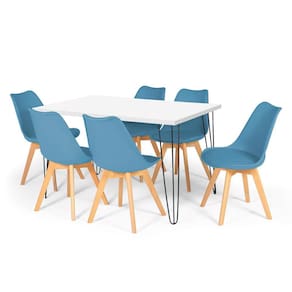 Conjunto Mesa de Jantar Hairpin 130x80 Branca com 6 Cadeiras Eiffel Leda - Turquesa