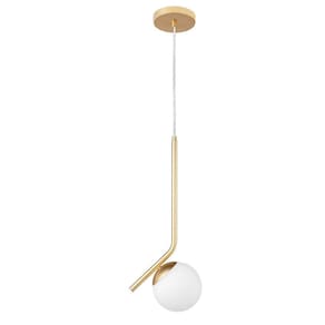 Pendente Bola Vidro Branco E27 Haste Diagonal Dourado Lup15