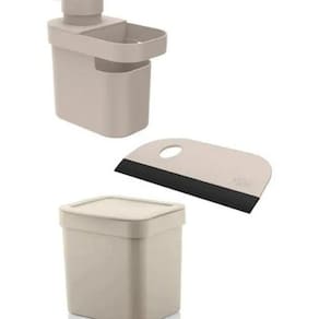 Lixeira 4,7L + Porta Detergente Esponja Pia + Rodinho De Pia
