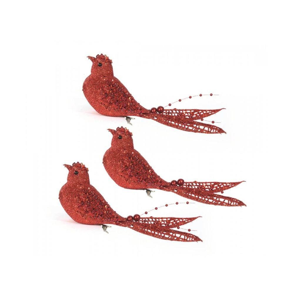 Kit Passarinho Natal Full Glitter Pérolas Vermelho 16cm 3 Unidades - Magizi