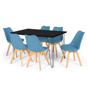 Conjunto Mesa de Jantar Hairpin 130x80 Preta com 6 Cadeiras Eiffel Leda - Turquesa