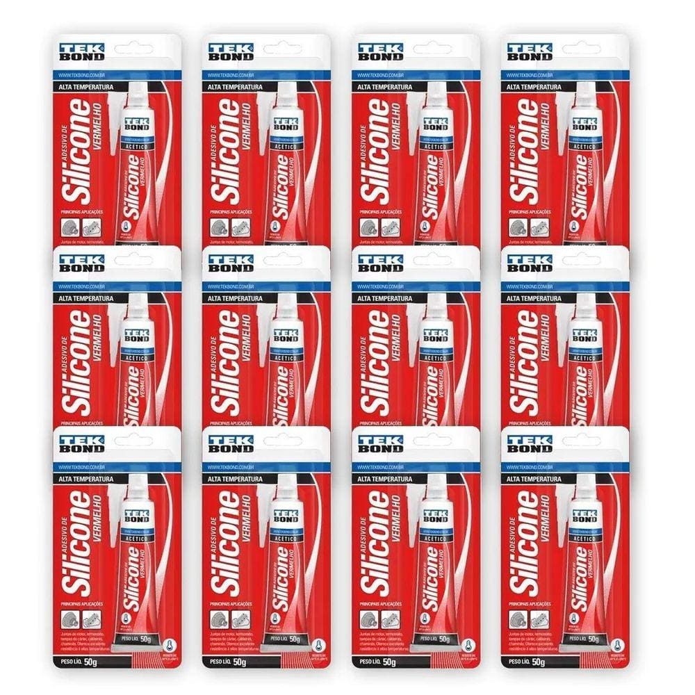Kit 12 Cola Silicone Alta Temperatura 50g Vermelho Tekbond