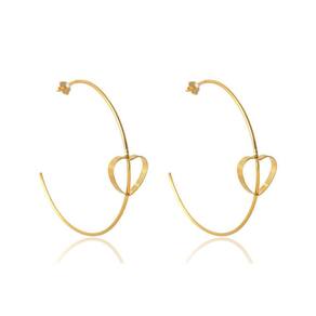 Brinco Argola Grande Fina Com Coração Embutido Em Ouro 18K