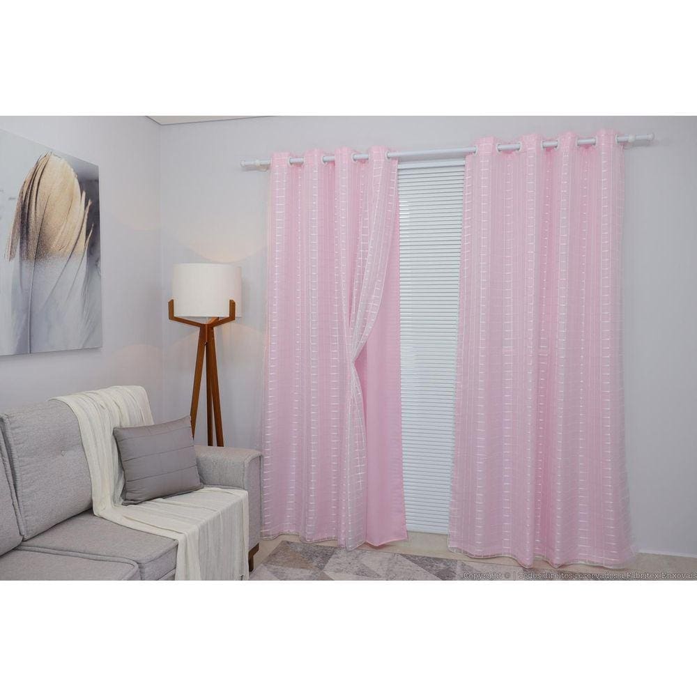 Cortina Oxford Rosa-Bebê Com Voil Xadrez Sala/Quarto 300X250