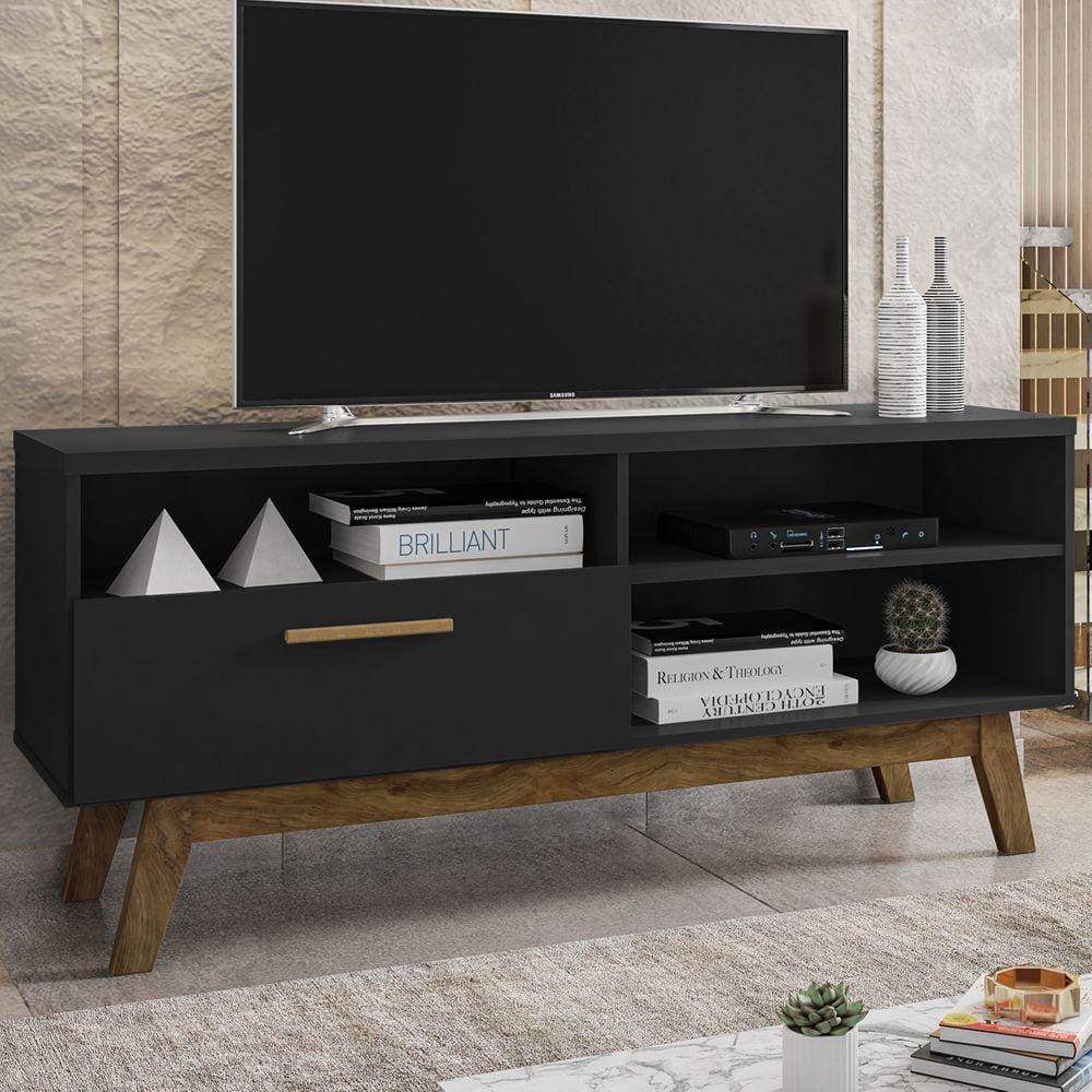 Rack Para Tv Até 55 Polegadas Santorini 1 Porta Preto - Pnr Móveis