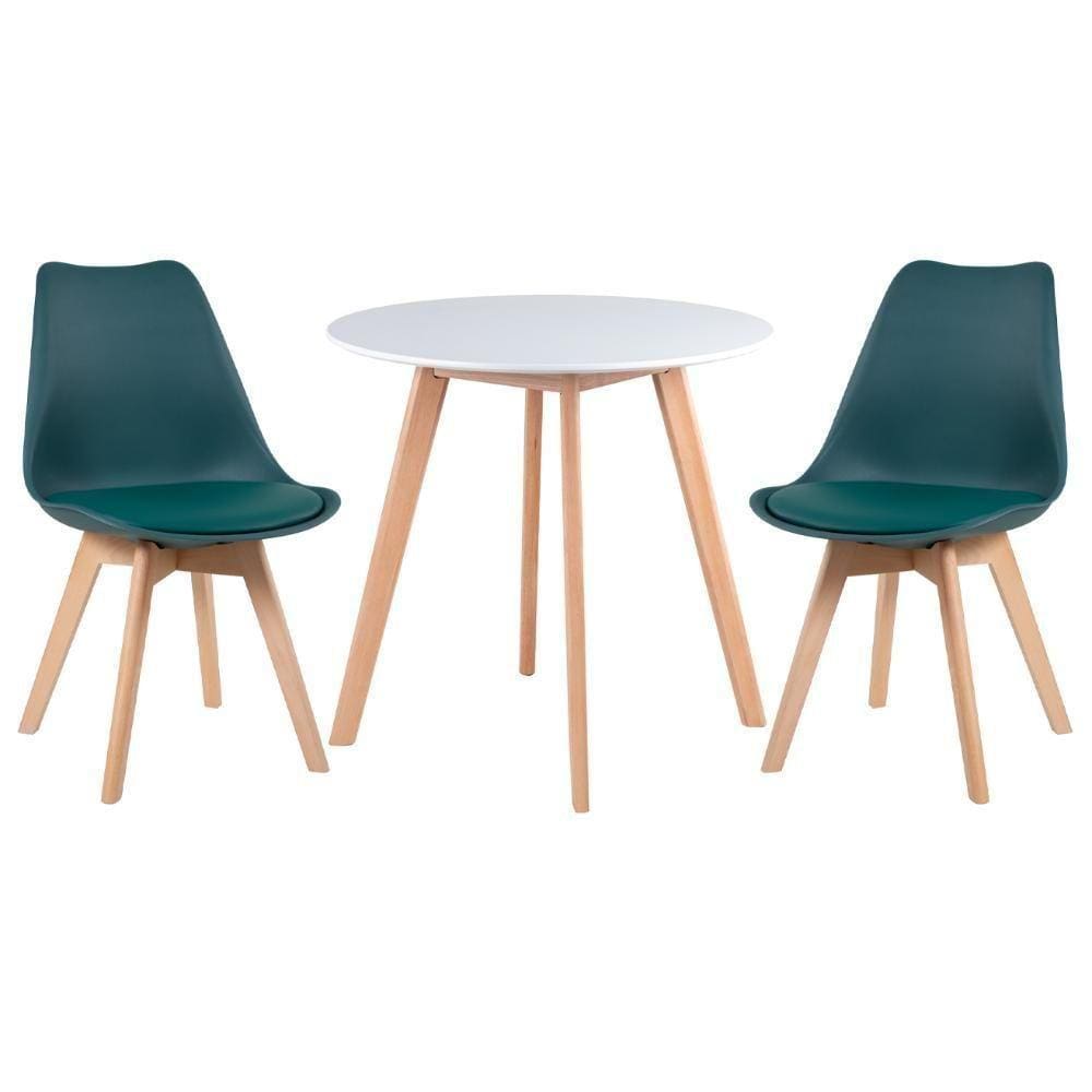 Mesa De Jantar Redonda 70cm Branco + 2 Cadeiras Verde Escuro