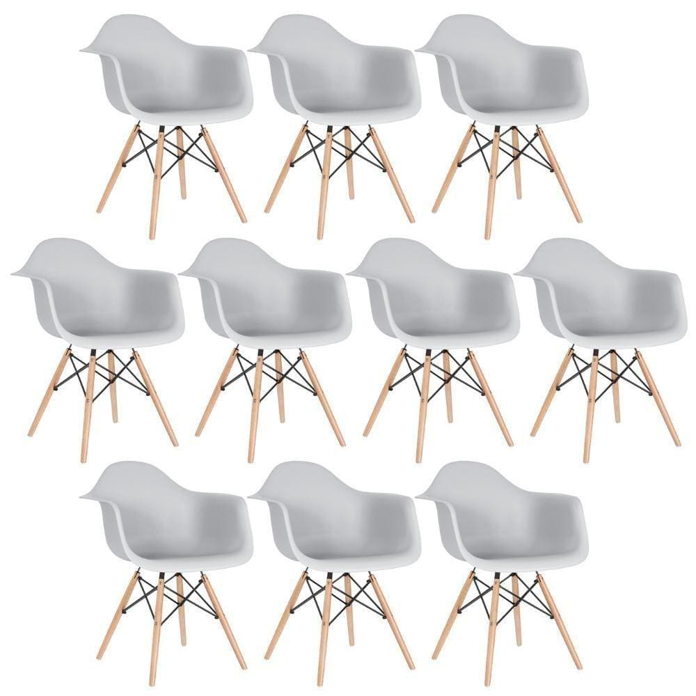 Kit 10 Cadeiras Charles Eames Eiffel Daw Com Braços E Pés De Madeira Clara Cinza Claro