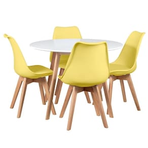 Mesa Redonda 100cm Branco + 4 Cadeiras Amarelo