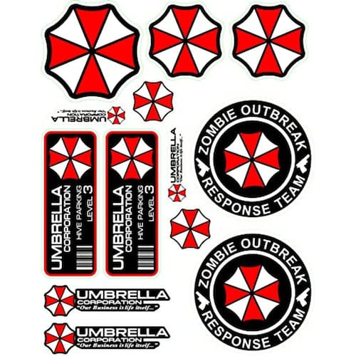 1 Folha A4 com 13x Umbrella Corporation Adesivo Decal Car Truck Notebook Resident Evil Raccoon City Zombie The walking Dead