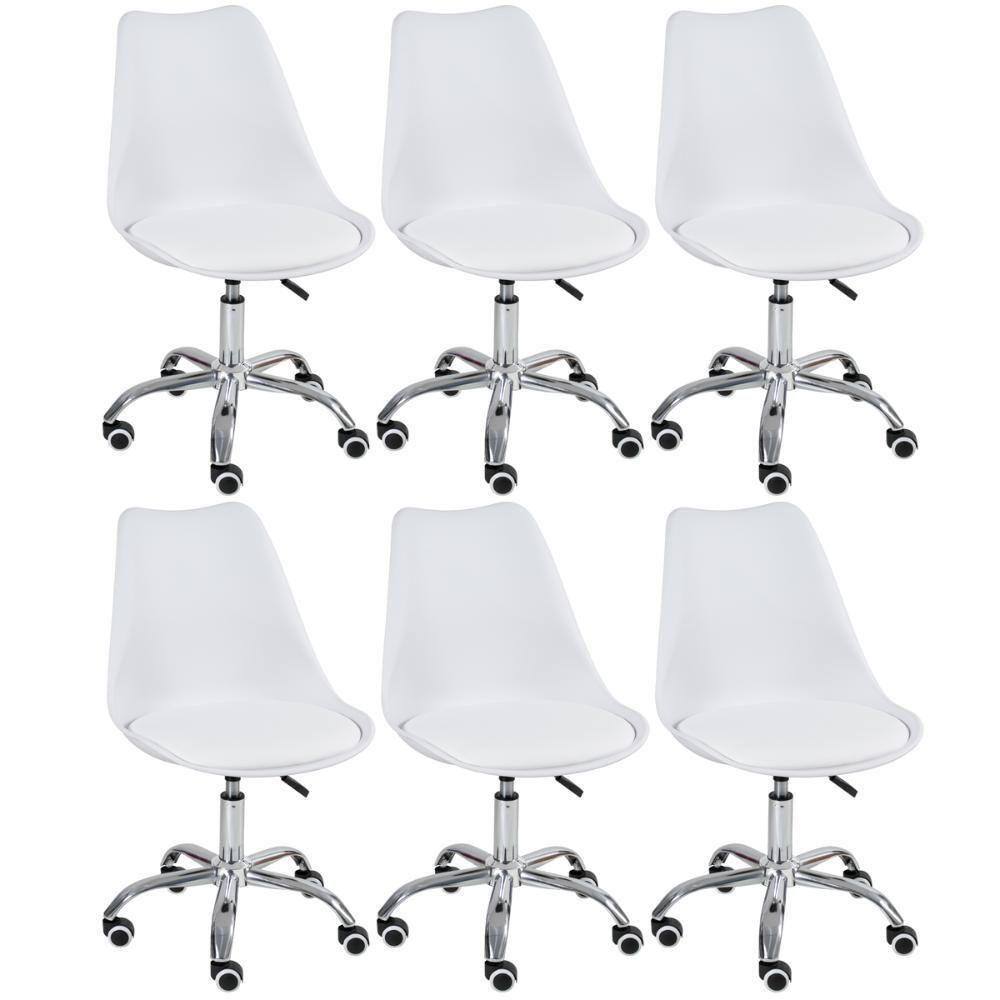 Kit 6 Cadeiras Com Rodízios Tulipa Office Branco