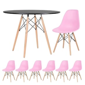 Mesa Redonda Eames 100cm Preto + 6 Cadeiras Rosa Claro