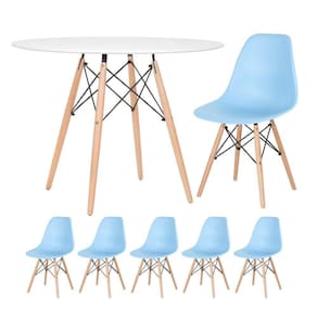 Mesa Redonda Eames 100cm Branco + 5 Cadeiras Azul Claro