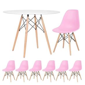 Mesa Redonda Eames 100cm Branco + 6 Cadeiras Rosa Claro