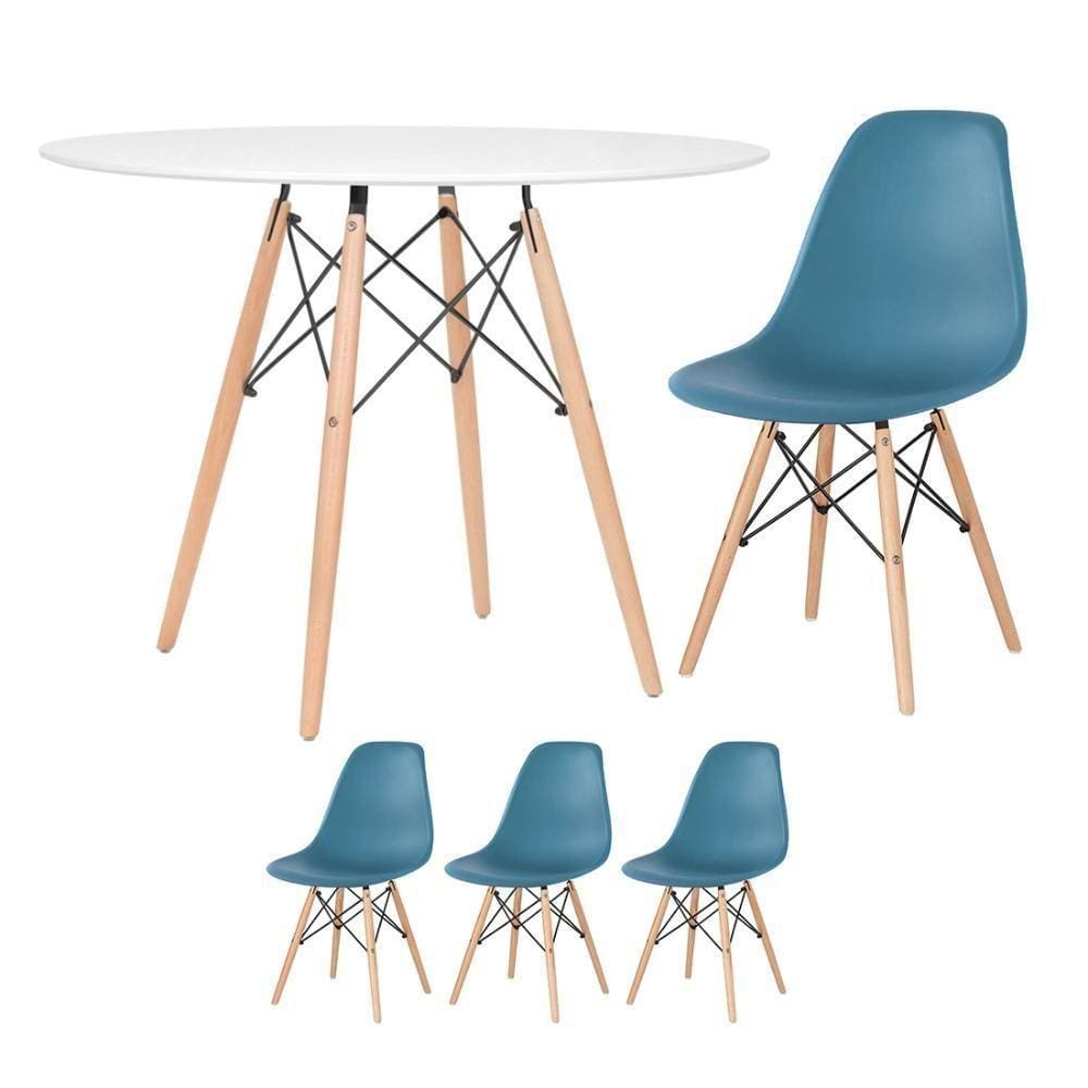Mesa Redonda Eames 100cm Branco + 3 Cadeiras Turquesa
