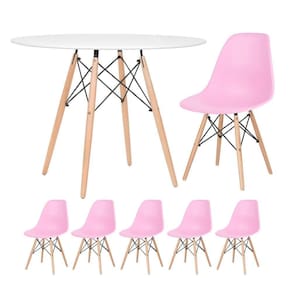 Mesa Redonda Eames 100cm Branco + 5 Cadeiras Rosa Claro