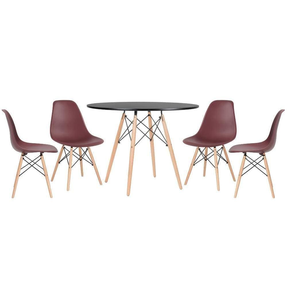 Mesa Redonda Eames 100cm Preto + 4 Cadeiras Marrom