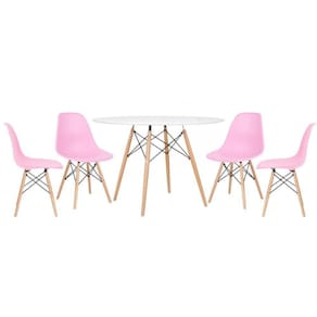 Mesa Redonda Eames 120cm Branco + 4 Cadeiras Rosa Claro