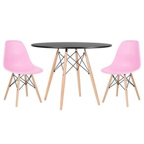 Mesa Redonda Eames 100cm Preto + 2 Cadeiras Rosa Claro