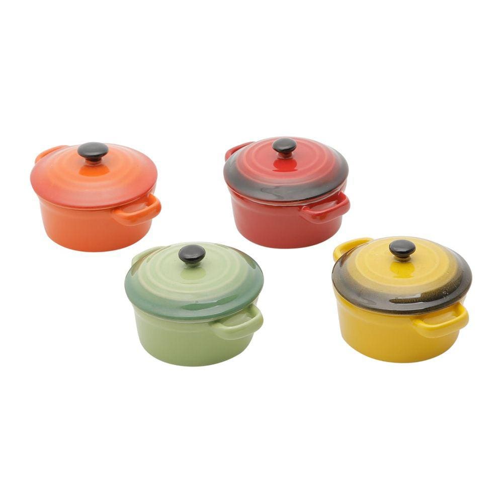 Conjunto 4 Mini Panelas Porcelana com Tampa Coloridas 13x8cm