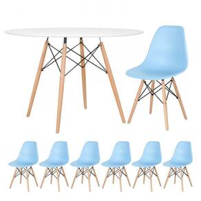Mesa Redonda Eames 120cm Branco + 6 Cadeiras Azul Claro