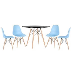 Mesa Redonda Eames 100cm Preto + 4 Cadeiras Azul Claro