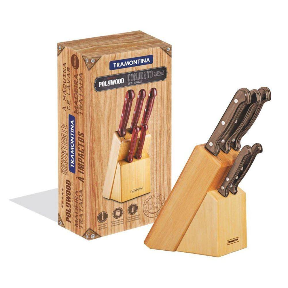 Jogo de Facas Tramontina Polywood Lâminas Aço Inox Cabos de Madeira Castanho 6 Peças Tramontina