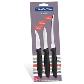 Jogo de Facas Tramontina Plenus com Lâminas em Aço Inox e Cabos de Polipropileno Preto 3 Peças Tramontina