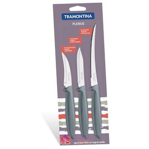 Jogo de Facas Tramontina Plenus com Lâminas em Aço Inox e Cabos de Polipropileno Cinza 3 Peças Tramontina