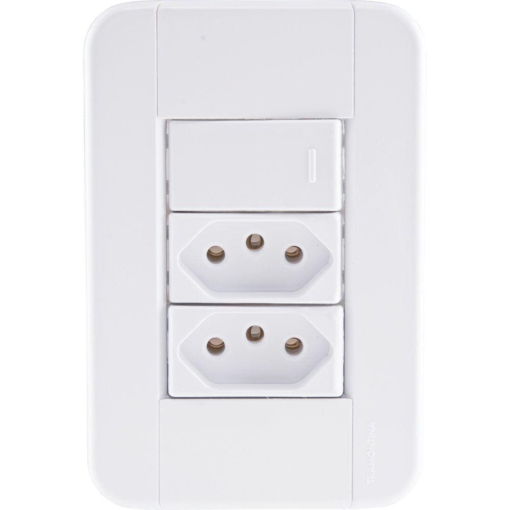 Conjunto 4x2 com 1 Interruptor Simples 10 A 250 V e 2 Tomadas 2P+T 10 A 250 V Tramontina Tablet Branco Tramontina