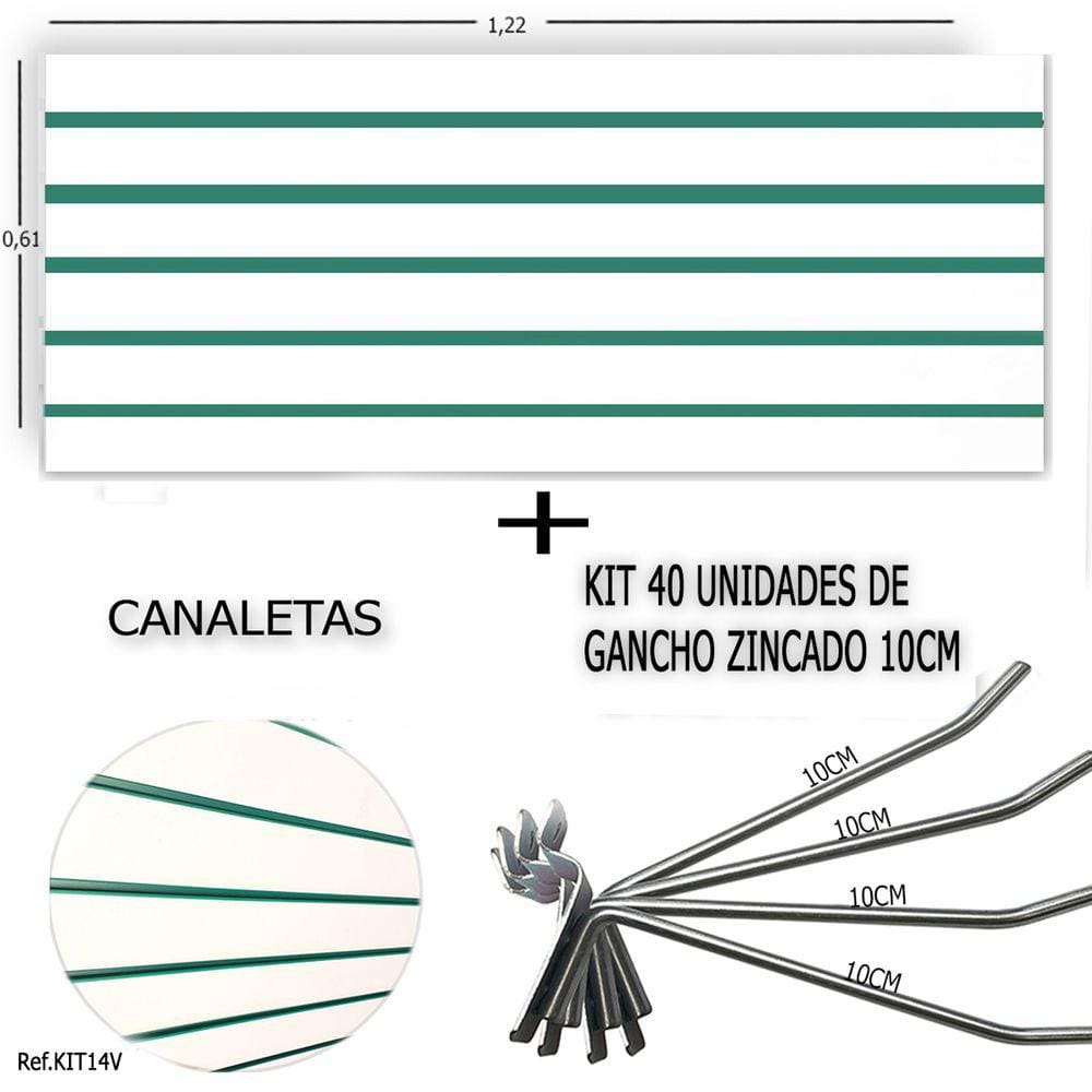 Painel Canaletado 1,22 x 0,61 + 40 Ganchos 10cm + Canaleta Verde