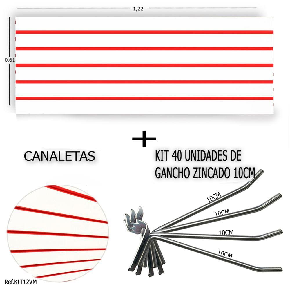 PAINEL CANALETADO 1,22 x 0,61+ 40 GANCHOS 10CM+ CANALETA VERMELHO