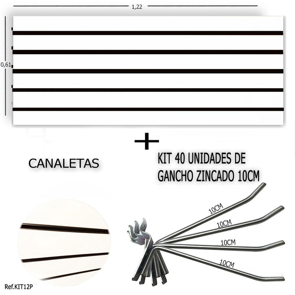 Painel Canaletado 1,22 x 0,61 + 40 Ganchos 10cm + Canaleta Preta