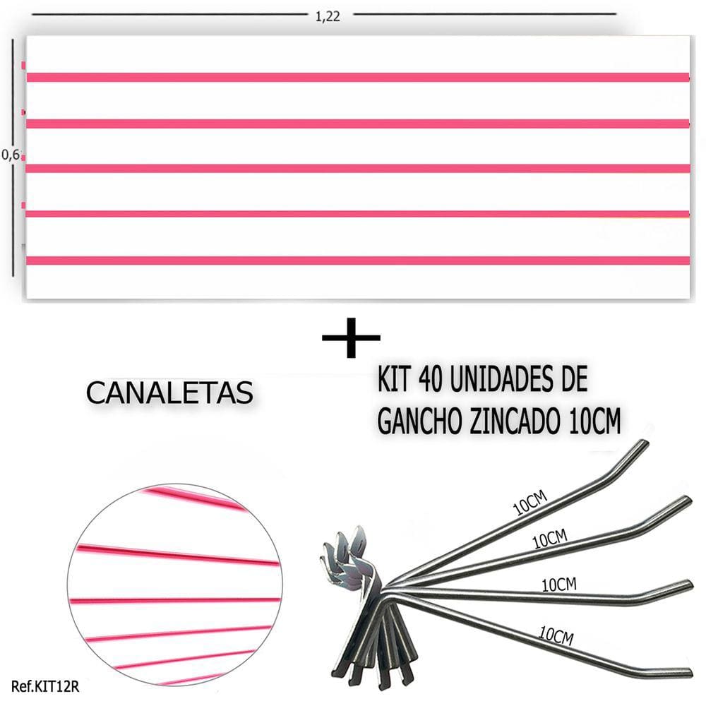 Painel Canaletado 1,22 x 0,61 + 40 Ganchos 10cm + Canaleta Rosa