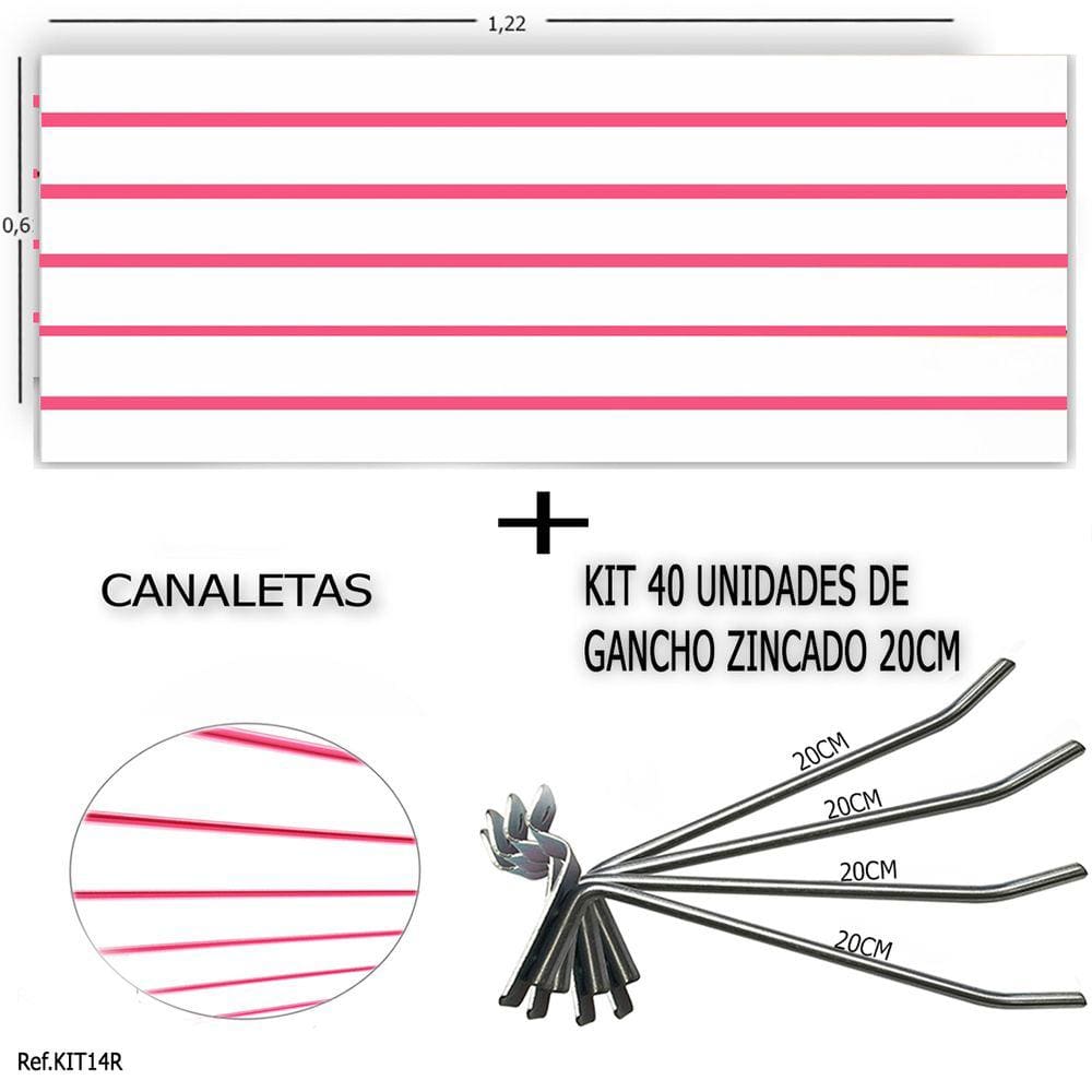 Painel Canaletado 1,22 x 0,61 + 40 Ganchos 20cm + Canaleta Rosa