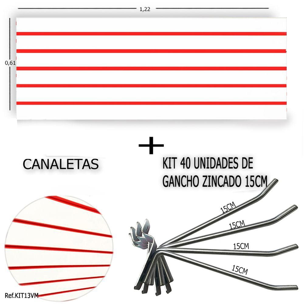Painel Canaletado 1,22 x 0,61 + 40 Ganchos 15cm + Canaleta Vermelha