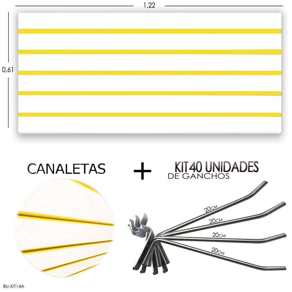 Kit 1 Paineis Canaletado 1,22 X 0,61 + 40 Ganchos 20 CM + Canaleta Amarela