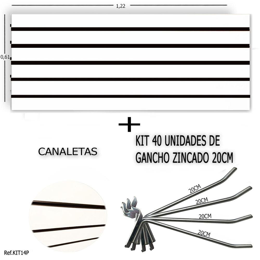 Painel Canaletado 1,22 x 0,61 + 40 Ganchos 20cm + Canaleta Preta