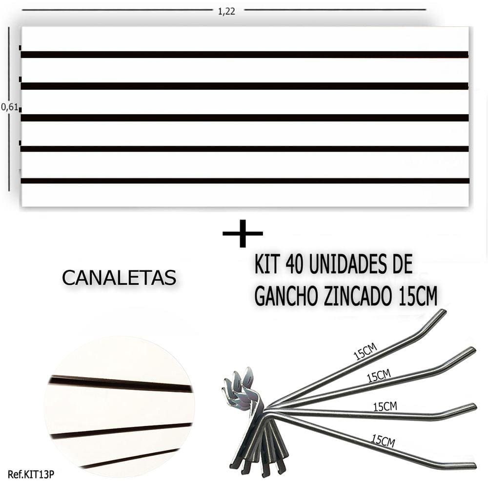 Painel Canaletado 1,22 x 0,61 + 40 Ganchos 15cm + Canaleta Preta