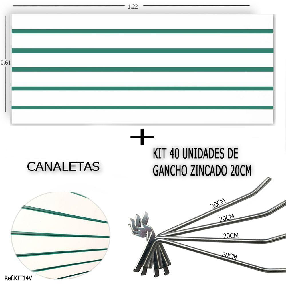Painel Canaletado 1,22 x 0,61 + 40 Ganchos 20cm + Canaleta Verde