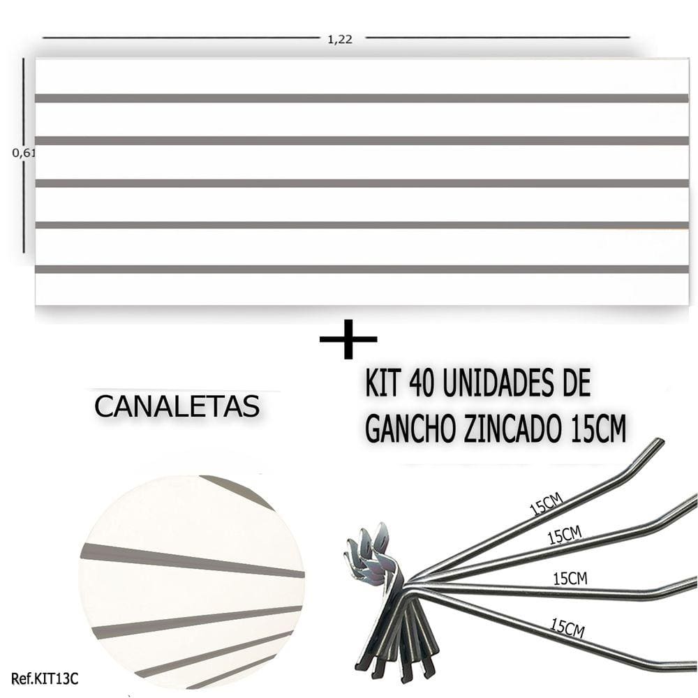 Painel Canaletado 1,22 x 0,61 + 40 Ganchos 15cm + Canaleta Cinza