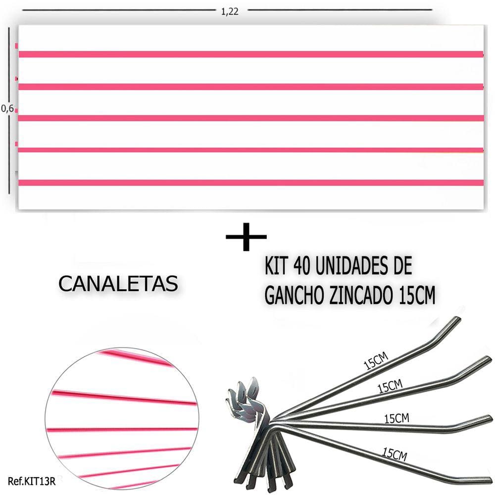 Painel Canaletado 1,22 x 0,61 + 40 Ganchos 15cm + Canaleta Rosa