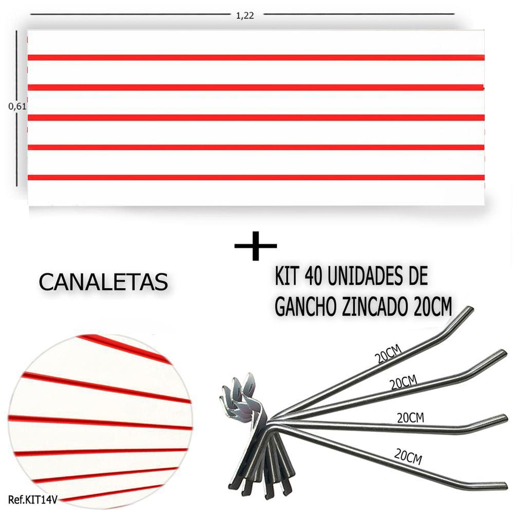 Painel Canaletado 1,22 x 0,61 + 40 Ganchos 20cm + Canaleta Vermelha