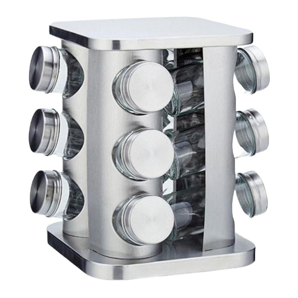 Porta Condimento Tempero Inox 12 Potes Vidro Giratório
