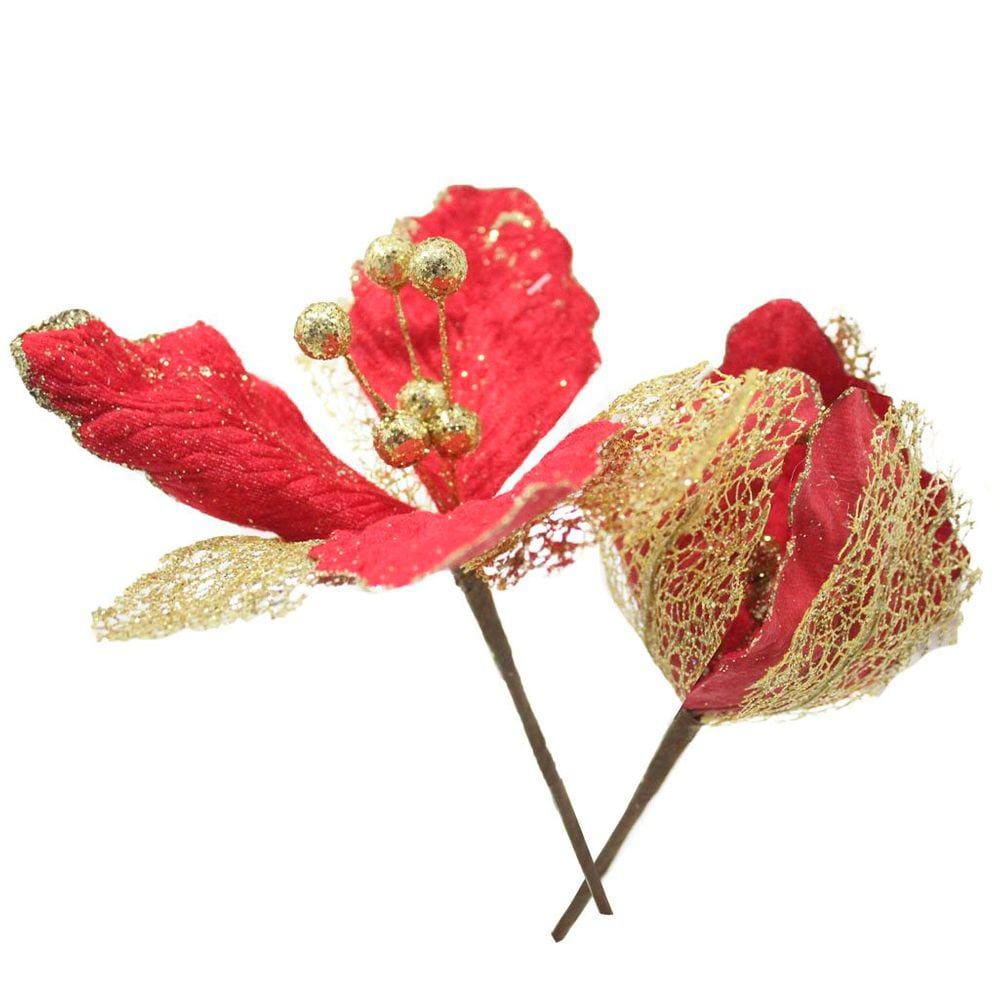 Kit 6 Flores Com Cabo Artificial Decoração De Natal Com Glitter 27cm