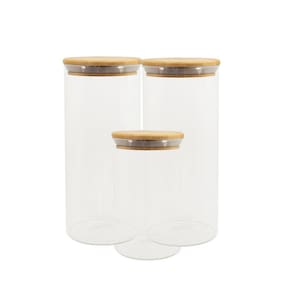 Conjunto 3 potes vidro herméticos c/ tampa de bambu - OIKOS